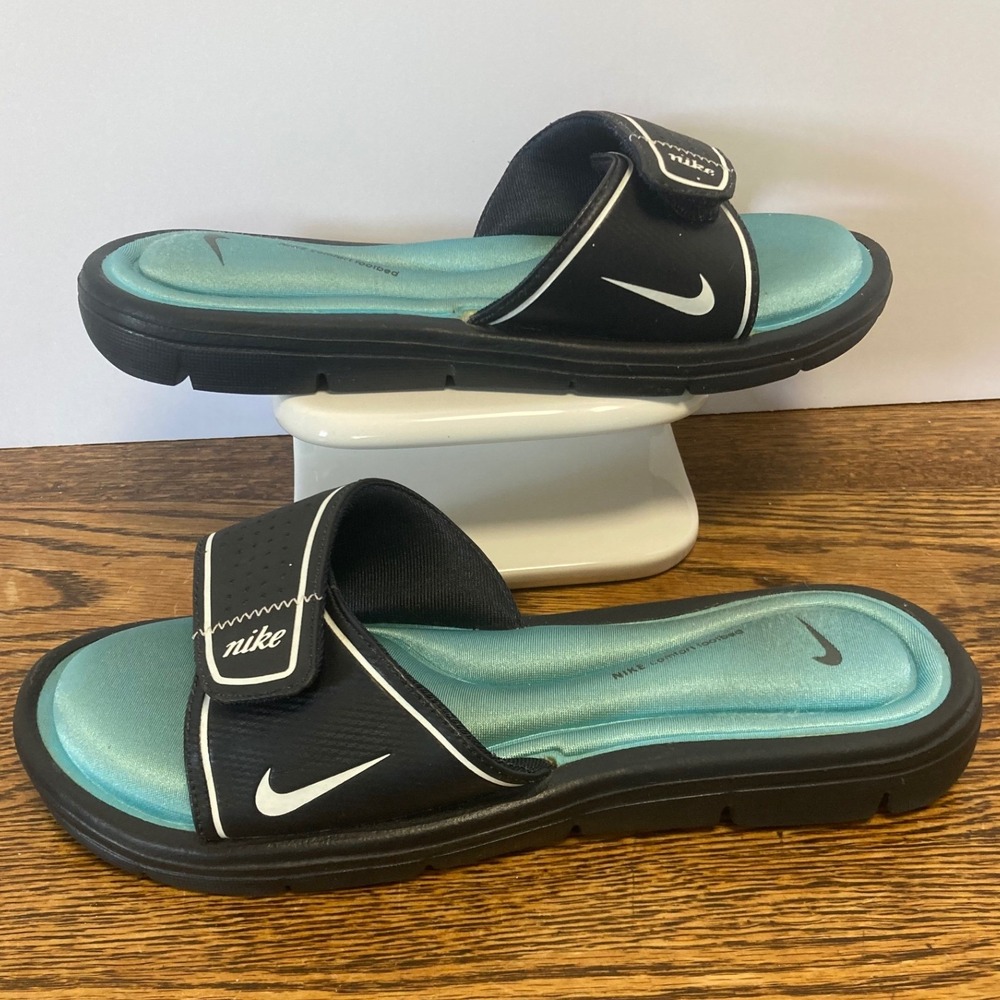 Nike Womens Comfort Footbed Slides Black Teal Adjustable Sandals Size 8